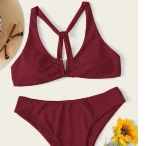 Red/Burgundy  V-Wired Knot Back Bikini Swimsuit